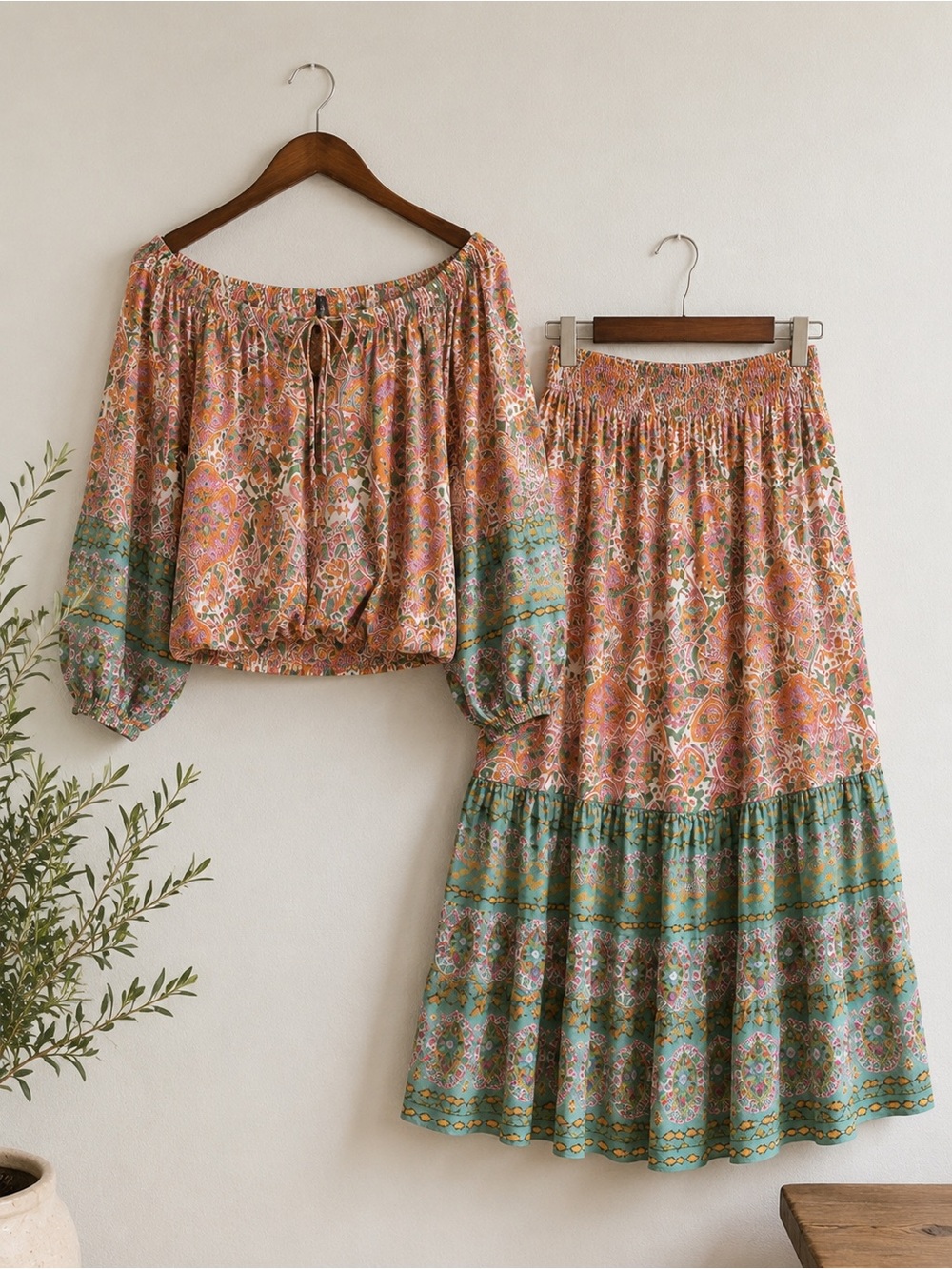 Boston Proper Boho Paisley Peasant Top & Tiered Skirt Set XL - Picture 2 of 11